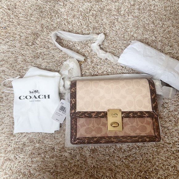 Coach Hutton Shoulder Bag In Blocked Signature Canvas With Snakeskin Detail - Picture 2 of 13